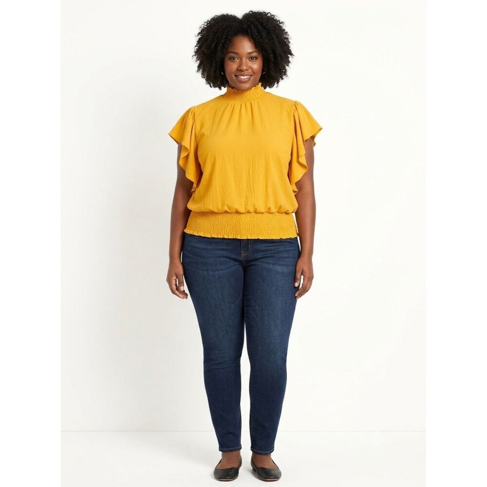 Love Women's Yellow Smocked Ruffle Flutter Short Sleeve Blouse New 1X (14/16)